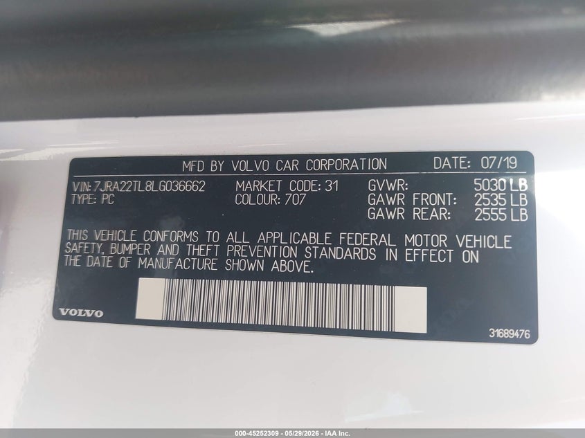 2020 Volvo S60 T6 Inscription VIN: 7JRA22TL8LG036662 Lot: 45252309