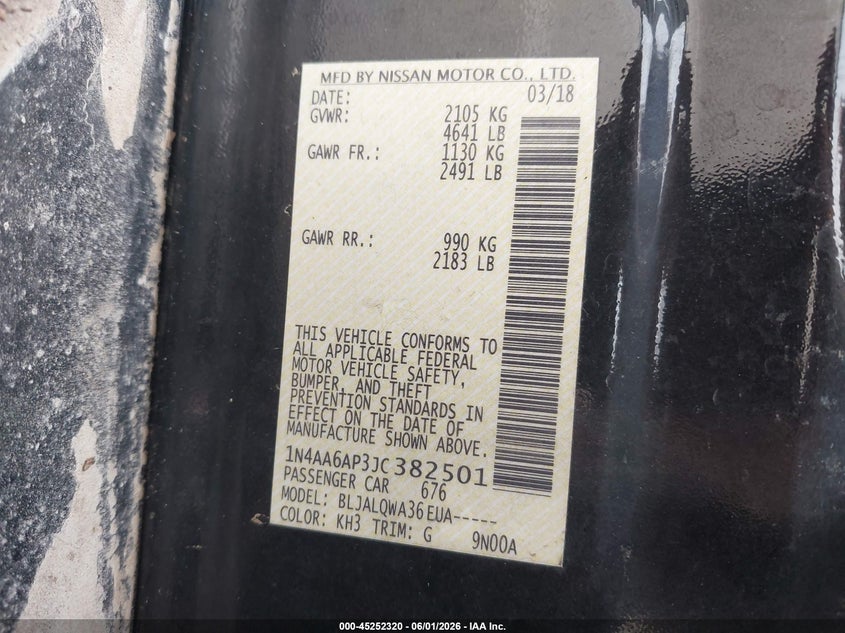 VIN 1N4AA6AP3JC382501 2018 NISSAN MAXIMA 3.5 S