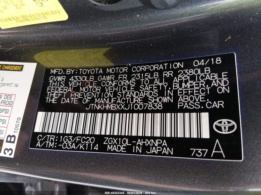 2018 Toyota C-Hr Xle Premium VIN: JTNKHMBXXJ1007838 Lot: 45252345