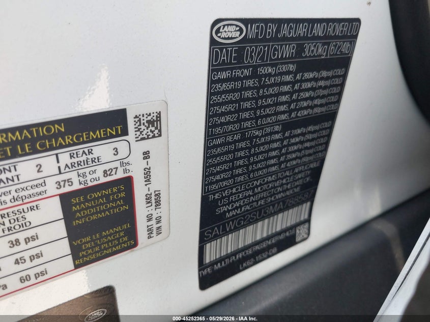 2021 Land Rover Range Rover Sport Se Mhev VIN: SALWG2SU3MA788587 Lot: 45252365