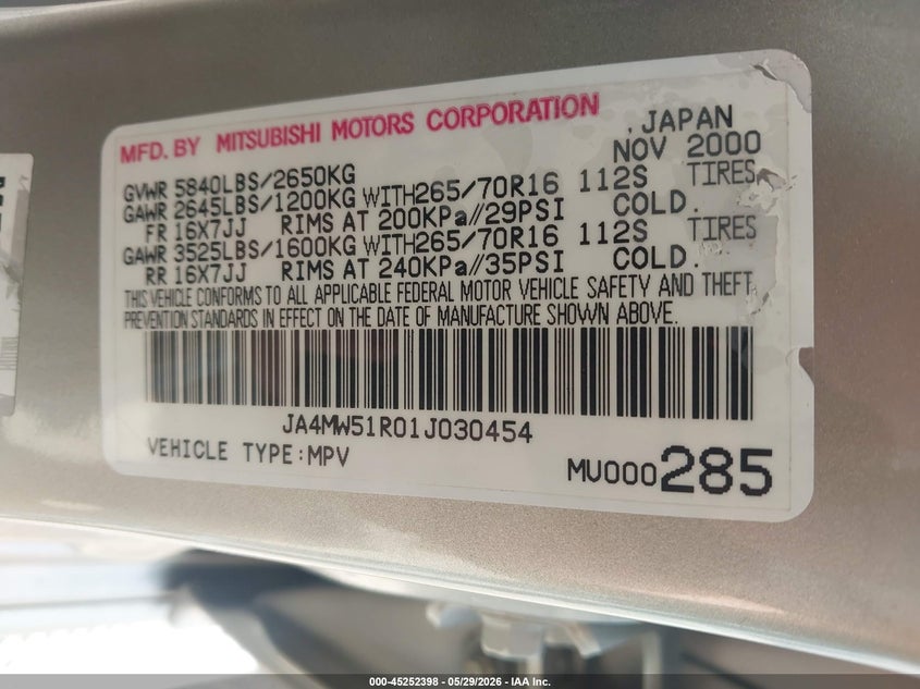 2001 Mitsubishi Montero Limited VIN: JA4MW51R01J030454 Lot: 45252398