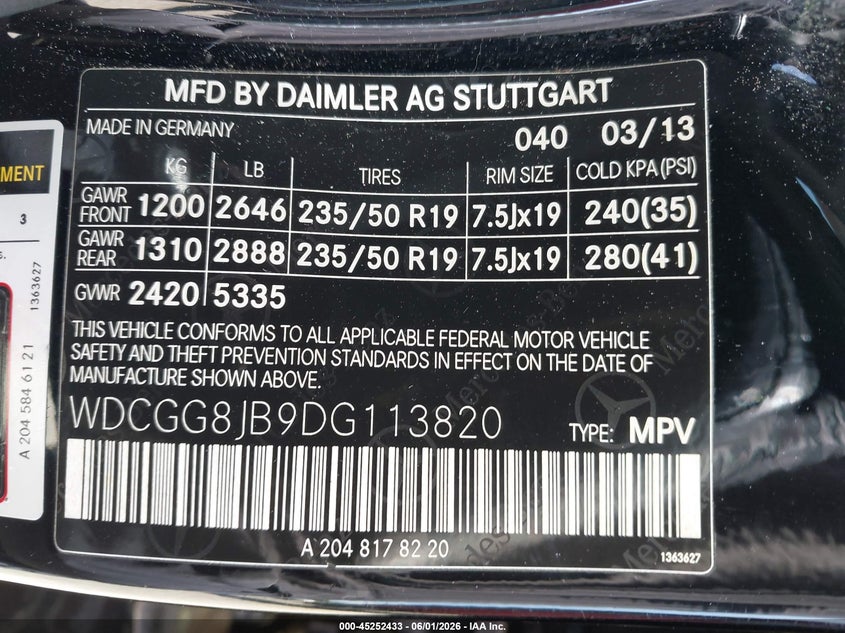 2013 Mercedes-Benz Glk 350 4Matic VIN: WDCGG8JB9DG113820 Lot: 45252433