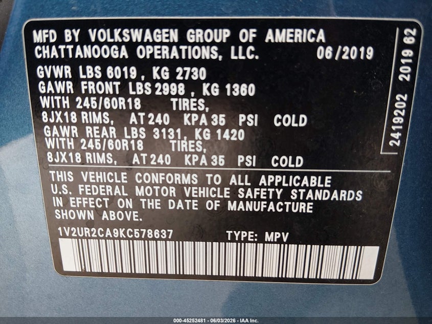 2019 Volkswagen Atlas 3.6L V6 Se W/Technology VIN: 1V2UR2CA9KC578637 Lot: 45252481