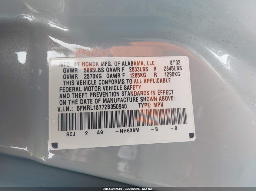 2002 Honda Odyssey Ex-L VIN: 5FNRL18772B050940 Lot: 45252540