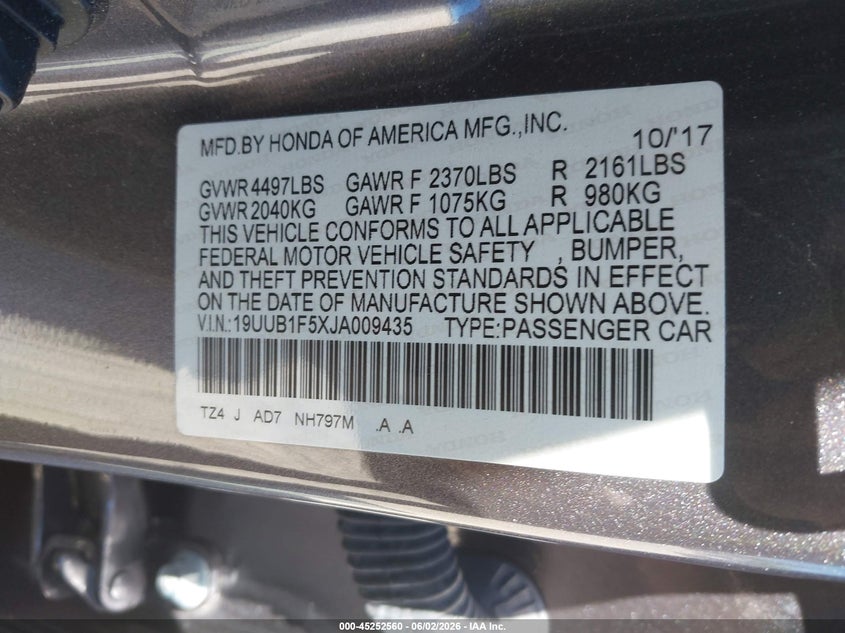 2018 Acura Tlx Tech Pkg VIN: 19UUB1F5XJA009435 Lot: 45252560