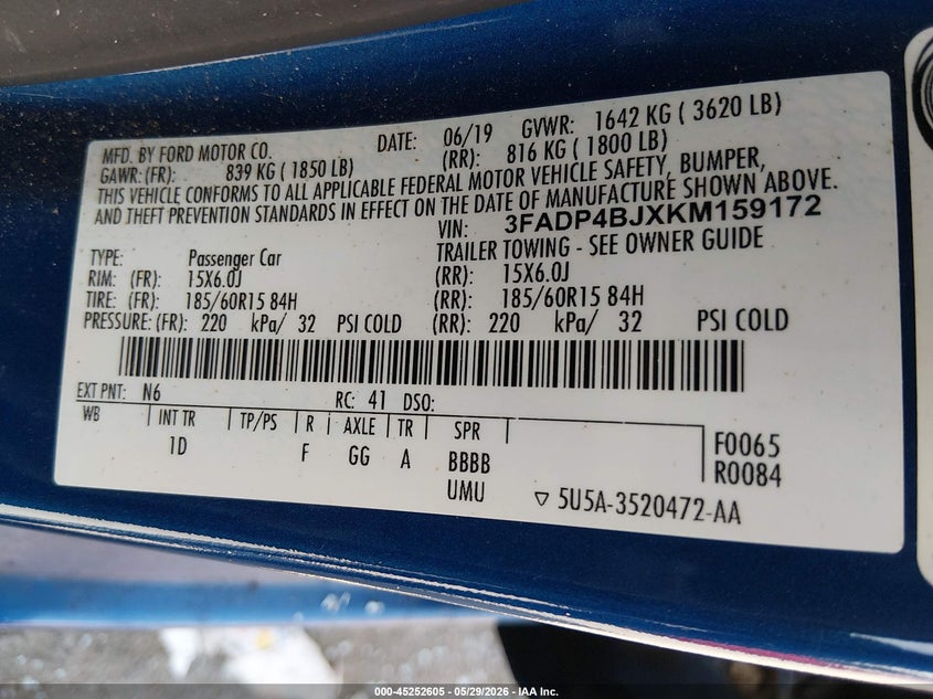 2019 Ford Fiesta Se VIN: 3FADP4BJXKM159172 Lot: 45252605