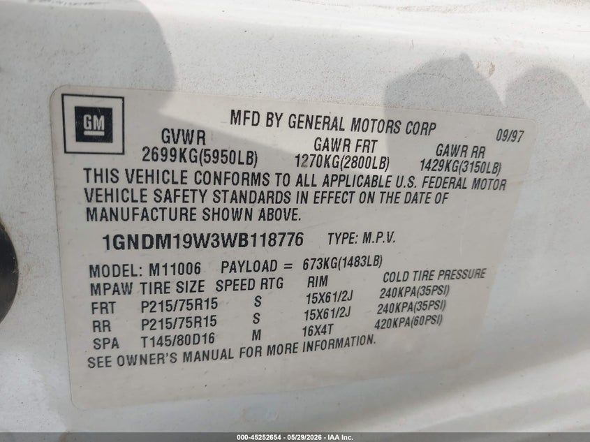 1998 Chevrolet Astro VIN: 1GNDM19W3WB118776 Lot: 45252654