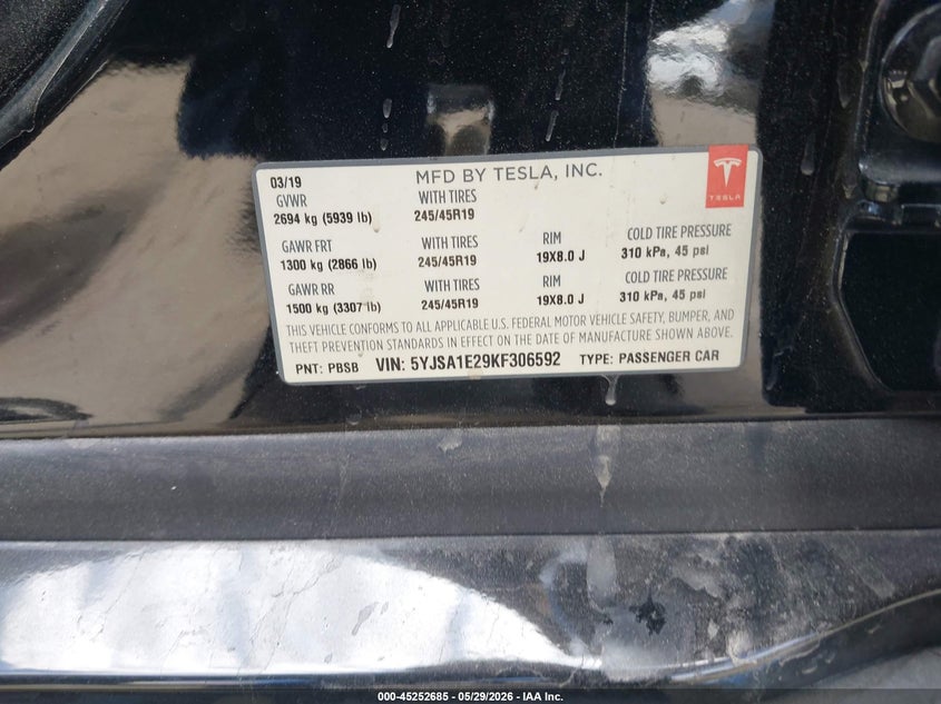 TESLA MODEL S 2019 VIN 5YJSA1E29KF306592