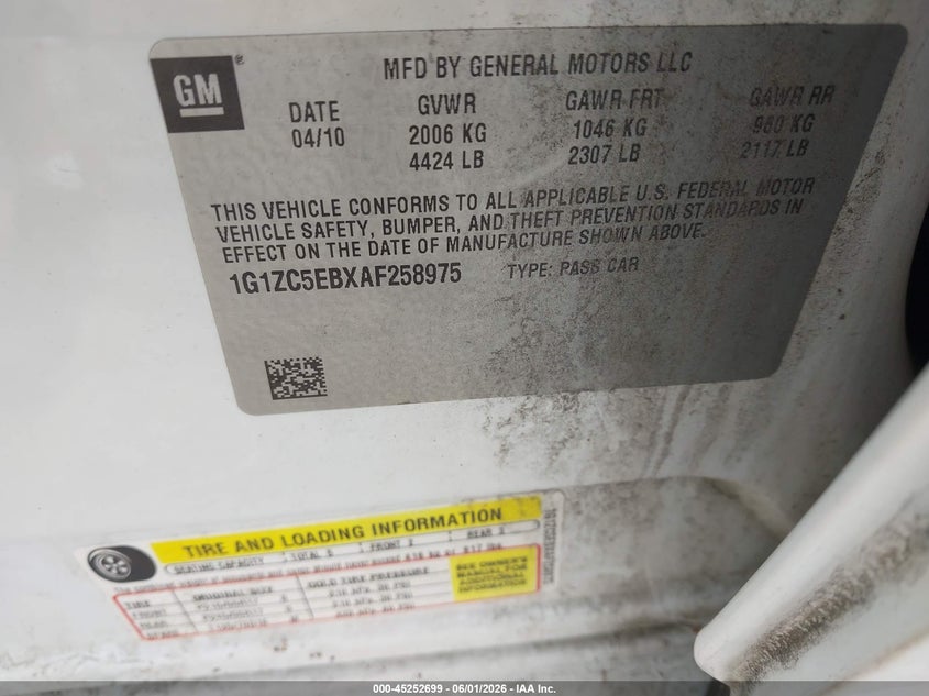 2010 Chevrolet Malibu Lt VIN: 1G1ZC5EBXAF258975 Lot: 45252699