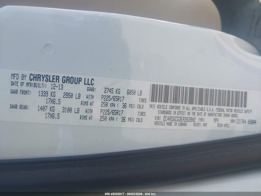 2014 Dodge Grand Caravan Sxt VIN: 2C4RDGCG3ER262802 Lot: 45252817