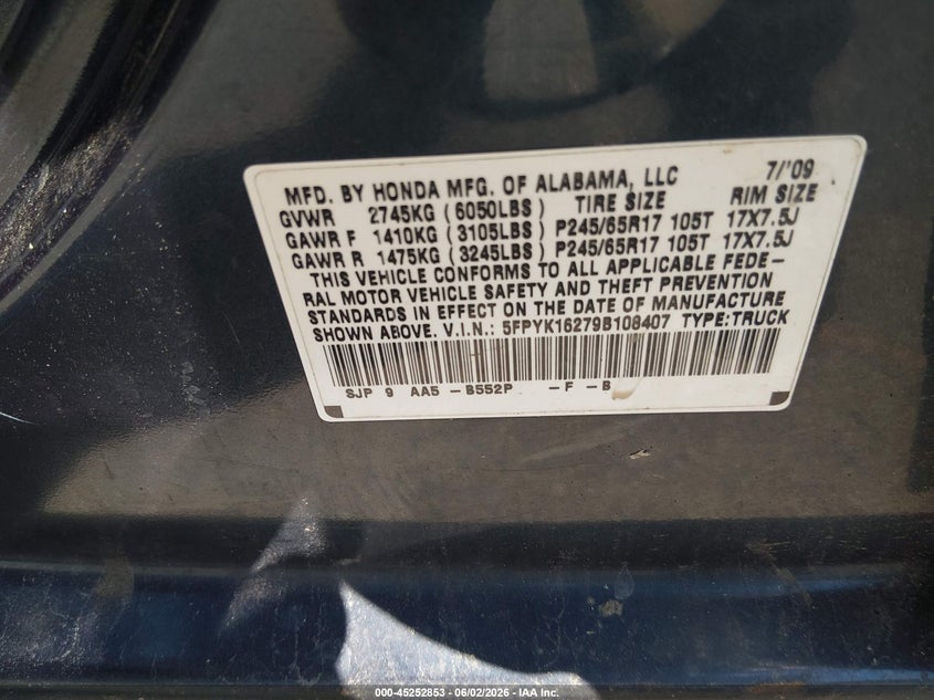 2009 Honda Ridgeline Rt VIN: 5FPYK16279B108407 Lot: 45252853
