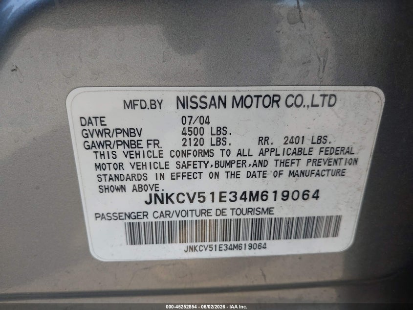 2004 Infiniti G35 VIN: JNKCV51E34M619064 Lot: 45252854