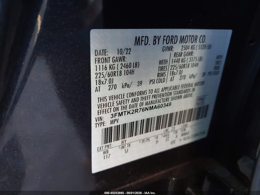 2022 FORD MUSTANG MACH-E(VIN: 3FMTK2R76NMA60349