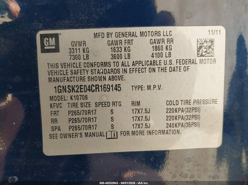 2012 Chevrolet Tahoe Commercial Fleet VIN: 1GNSK2E04CR169145 Lot: 45252943