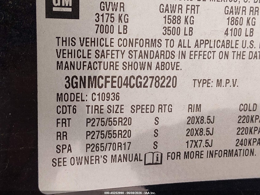 2012 Chevrolet Avalanche 1500 Lt1 VIN: 3GNMCFE04CG278220 Lot: 45252998