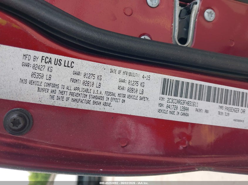 2015 Chrysler 300 Limited VIN: 2C3CCARG3FH831611 Lot: 45253092