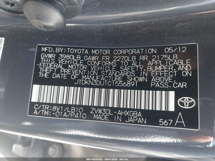 2012 Toyota Prius 1.8 Five black Lot 111045253103 Vin JTDKN3DU1C1556891