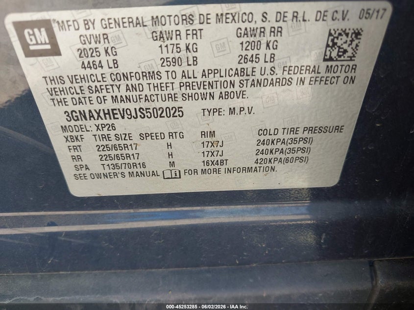 VIN 3GNAXHEV9JS502025 2018 CHEVROLET EQUINOX LS