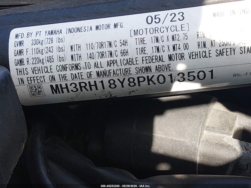 2023 Yamaha Yzfr3 A VIN: MH3RH18Y8PK013501 Lot: 45253288