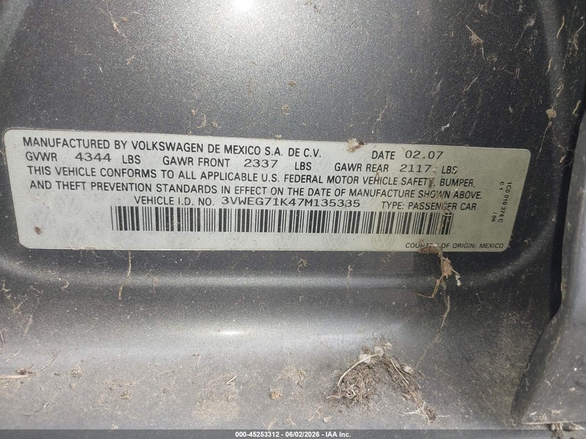 2007 Volkswagen Jetta Wolfsburg Edition VIN: 3VWEG71K47M135335 Lot: 45253312