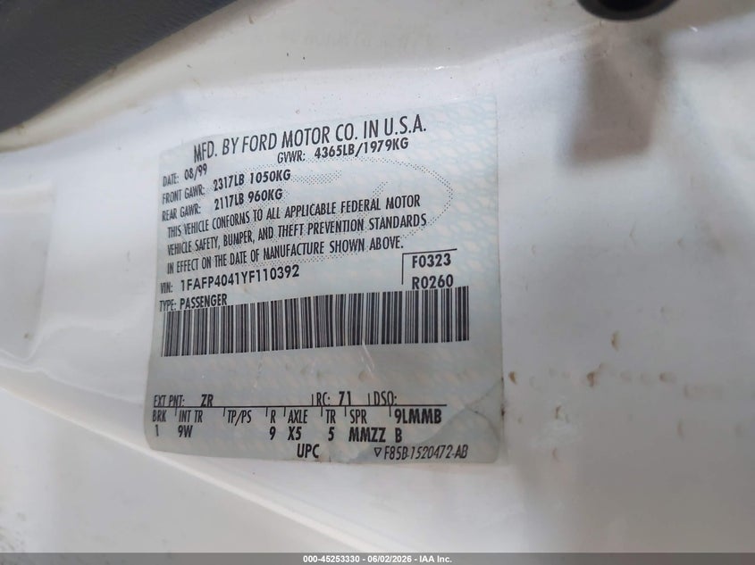 2000 Ford Mustang VIN: 1FAFP4041YF110392 Lot: 45253330