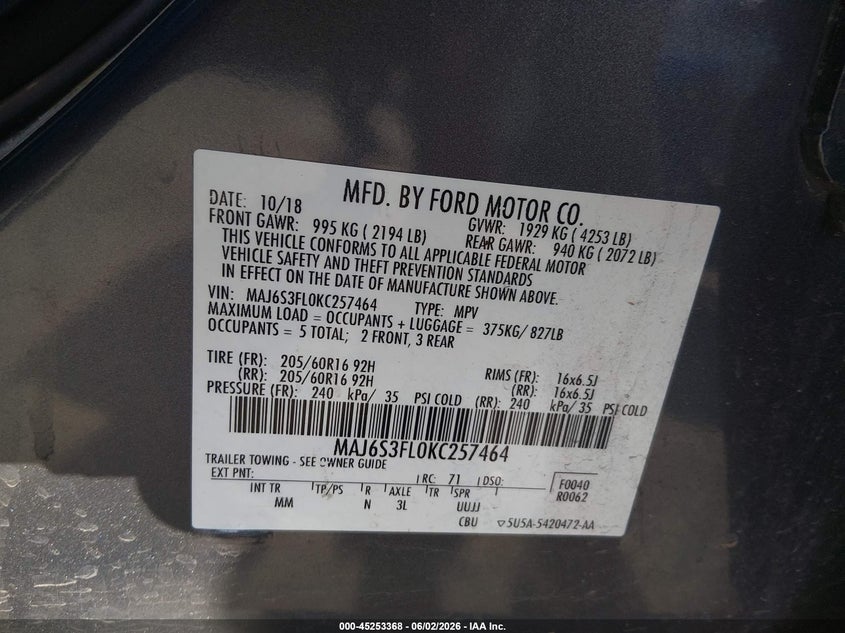 2019 Ford Ecosport S VIN: MAJ6S3FL0KC257464 Lot: 45253368