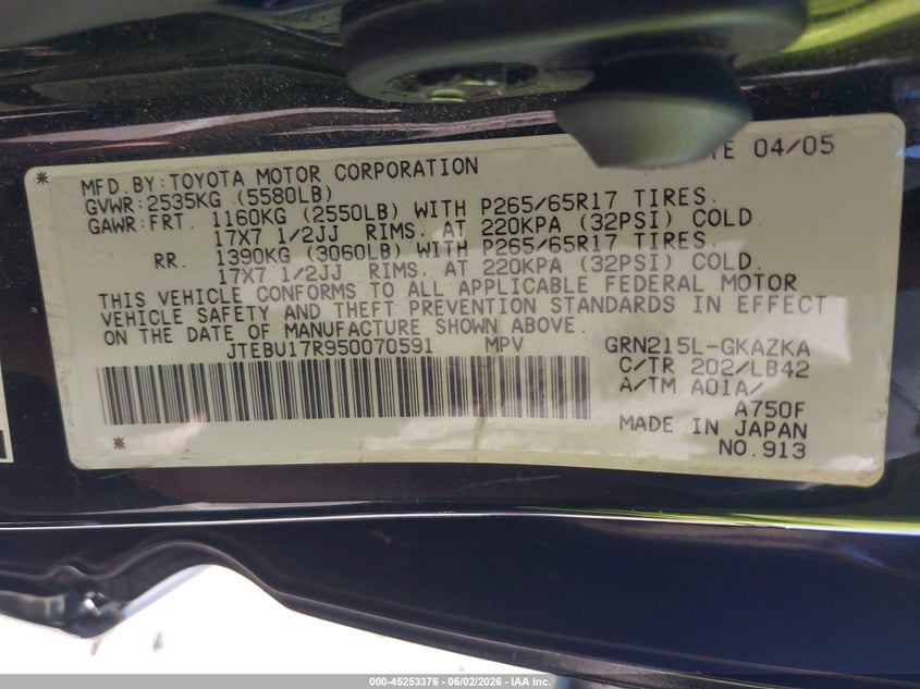 2005 Toyota 4Runner Limited V6 VIN: JTEBU17R950070591 Lot: 45253376