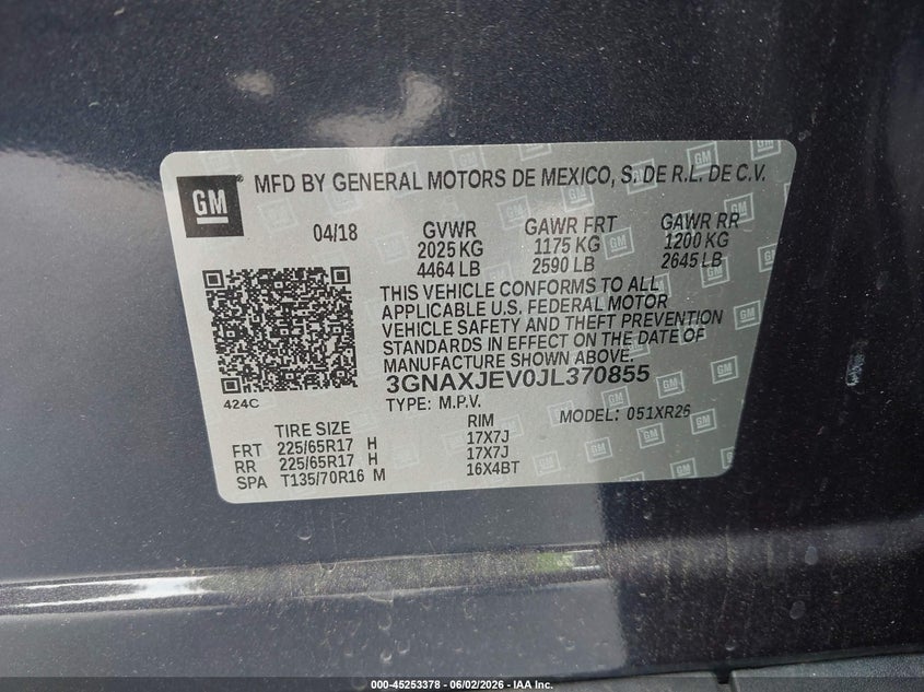 VIN 3GNAXJEV0JL370855 2018 CHEVROLET EQUINOX LT