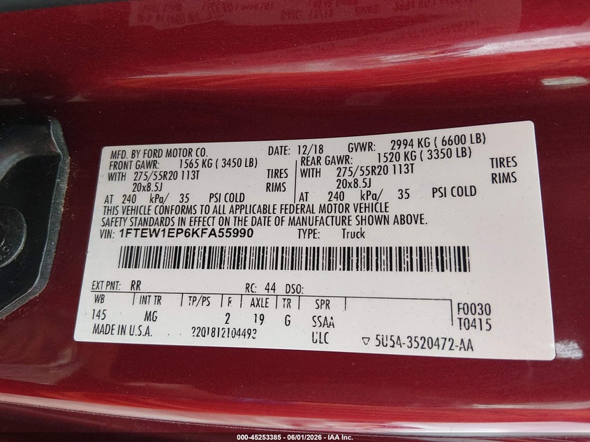 FORD F-150 2019 VIN 1FTEW1EP6KFA55990