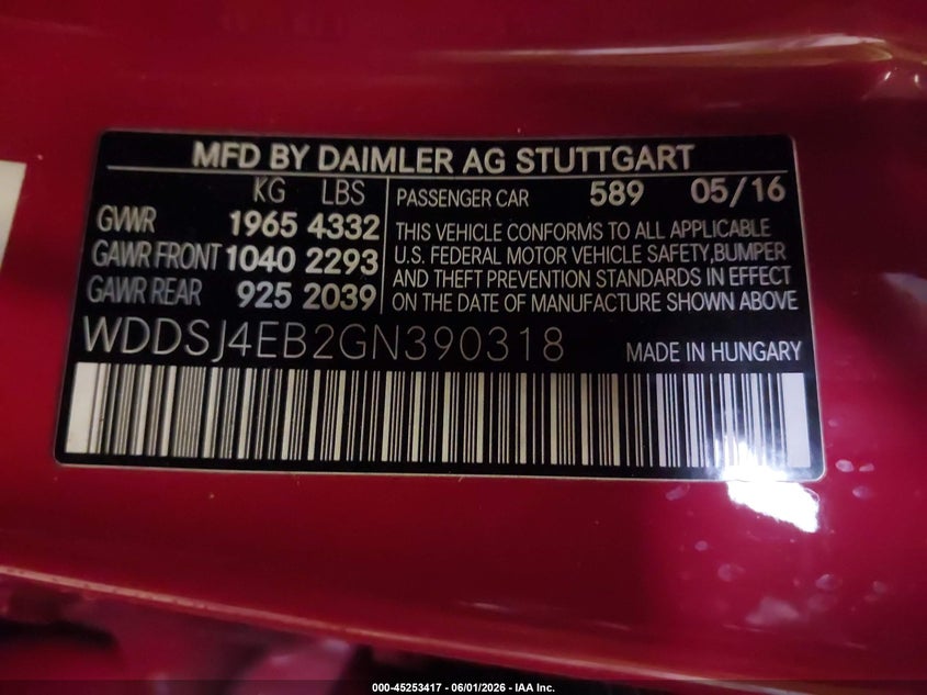 2016 Mercedes-Benz Cla 250 VIN: WDDSJ4EB2GN390318 Lot: 45253417