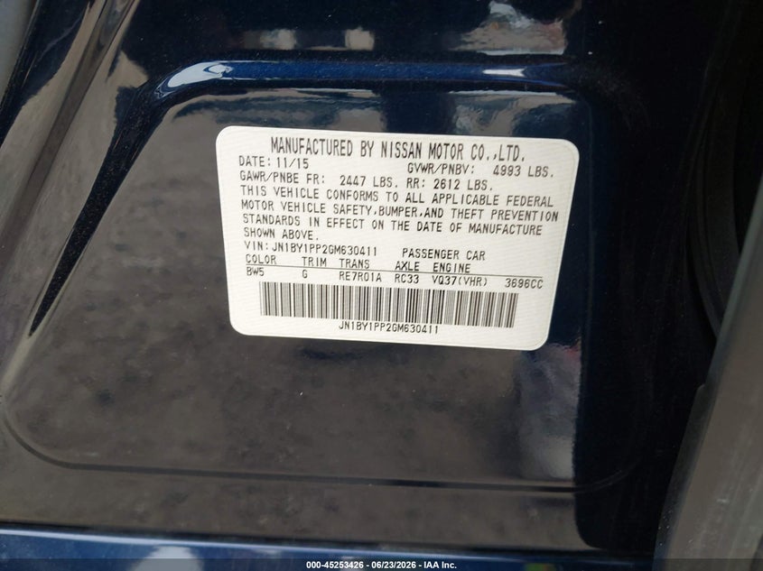 2016 Infiniti Q70L 3.7 VIN: JN1BY1PP2GM630411 Lot: 45253426