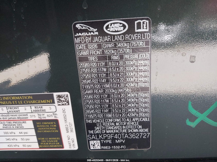 2026 Land Rover Range Rover P550E Se VIN: SALKP9F40TA362727 Lot: 45253455