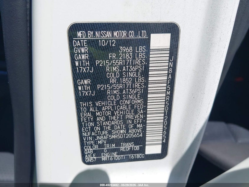 2013 Nissan Juke Sv VIN: JN8AF5MR5DT205654 Lot: 45253482