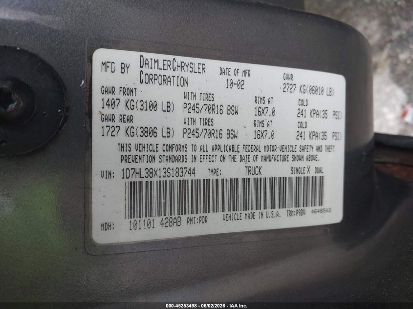 2003 Dodge Dakota Sport/Sxt VIN: 1D7HL38X13S183744 Lot: 45253498