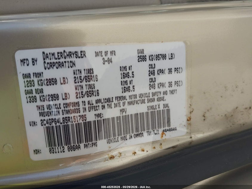2005 Chrysler Town & Country Limited VIN: 2C4GP64L85R151795 Lot: 45253528