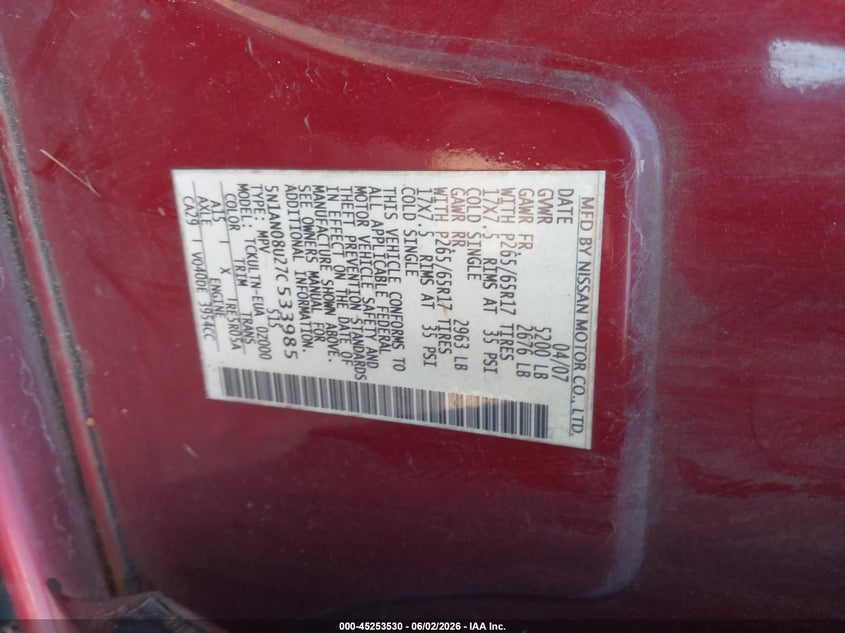 2007 Nissan Xterra Se VIN: 5N1AN08U27C533985 Lot: 45253530