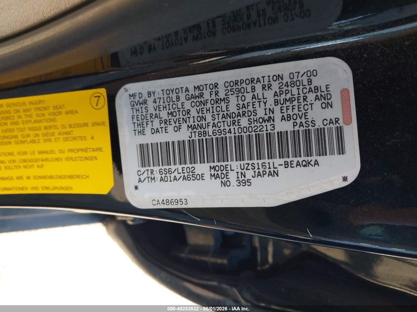 2001 Lexus Gs 430 VIN: JT8BL69S410002213 Lot: 45253532