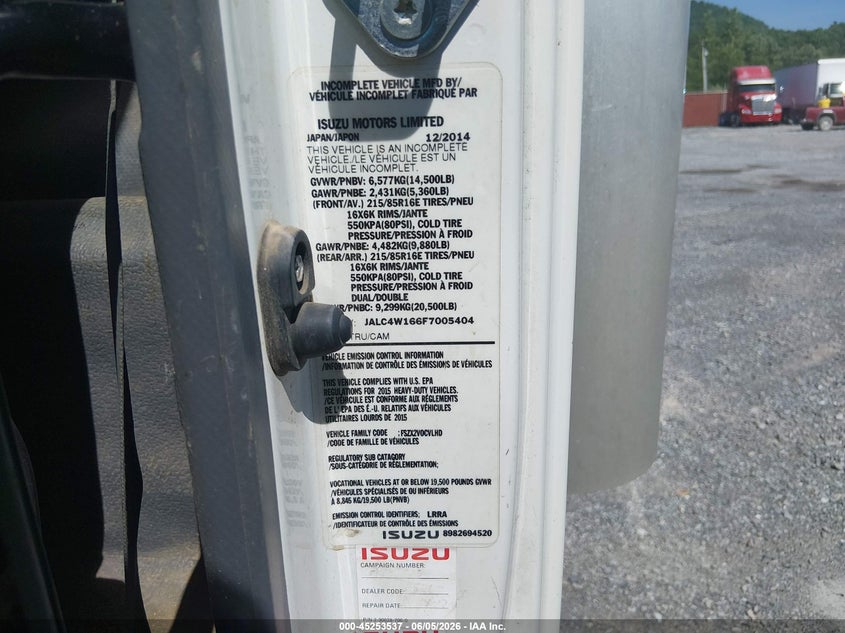 2015 Isuzu Npr Dsl Reg At VIN: JALC4W166F7005404 Lot: 45253537