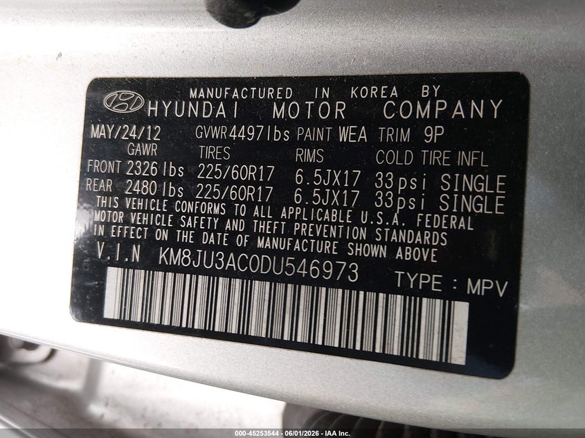 2013 Hyundai Tucson Gls VIN: KM8JU3AC0DU546973 Lot: 45253544