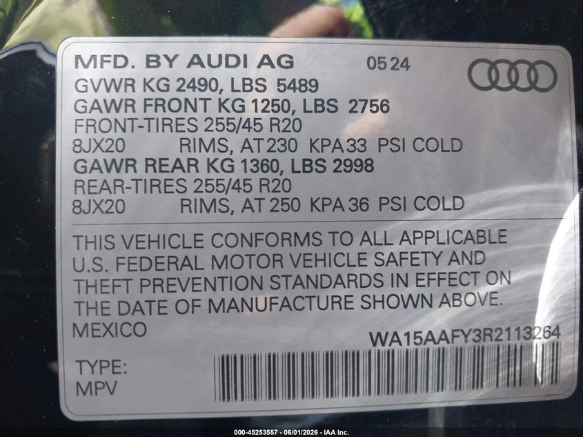 2024 Audi Q5 Sportback Premium Plus 45 Tfsi S Line Quattro S Tronic VIN: WA15AAFY3R2113264 Lot: 45253557