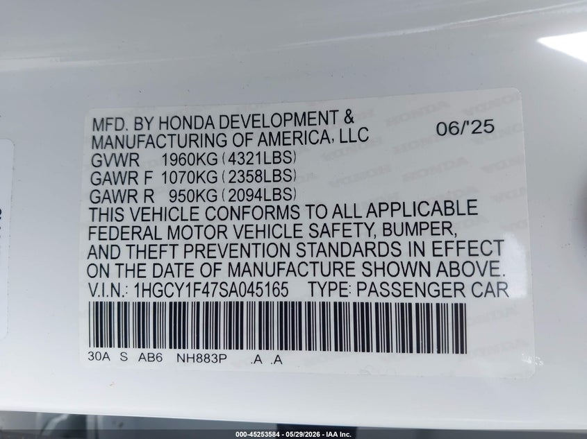VIN 1HGCY1F47SA045165 2025 HONDA ACCORD SE