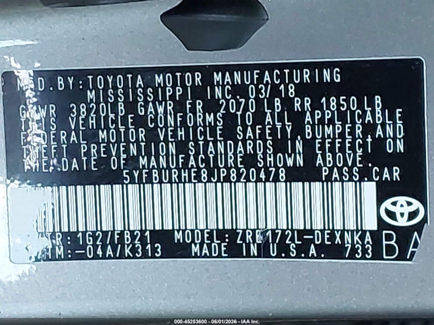 2018 TOYOTA COROLLA SEDAN 1.8L I-4 DOHC, VVT, 132HP