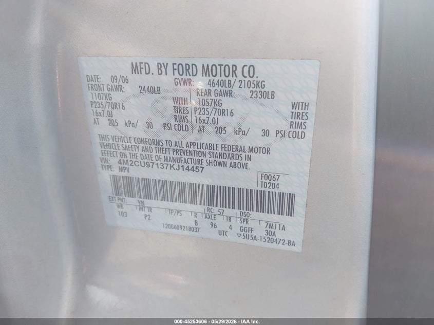 2007 Mercury Mariner Premier VIN: 4M2CU97137KJ14457 Lot: 45253606