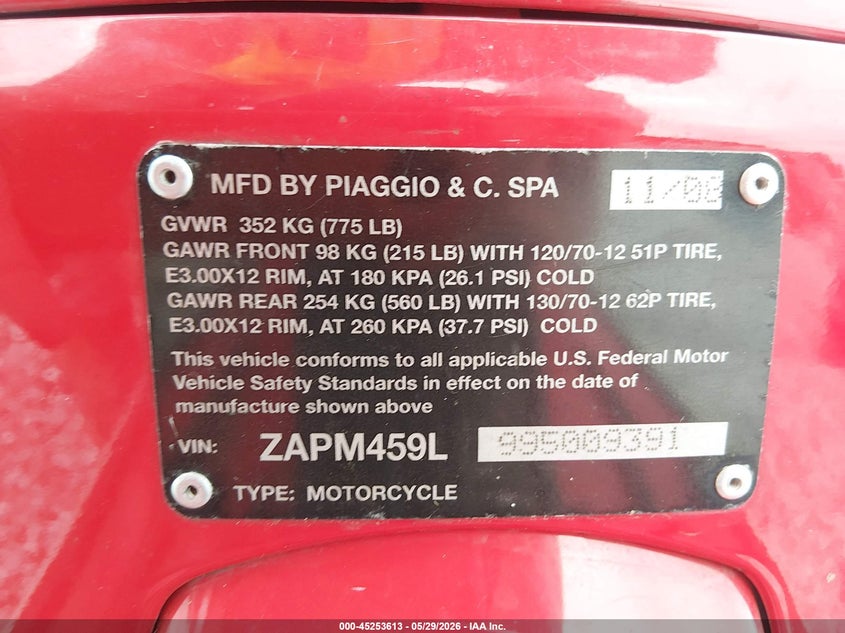 2009 Vespa Gts 250 VIN: ZAPM459L995009391 Lot: 45253613