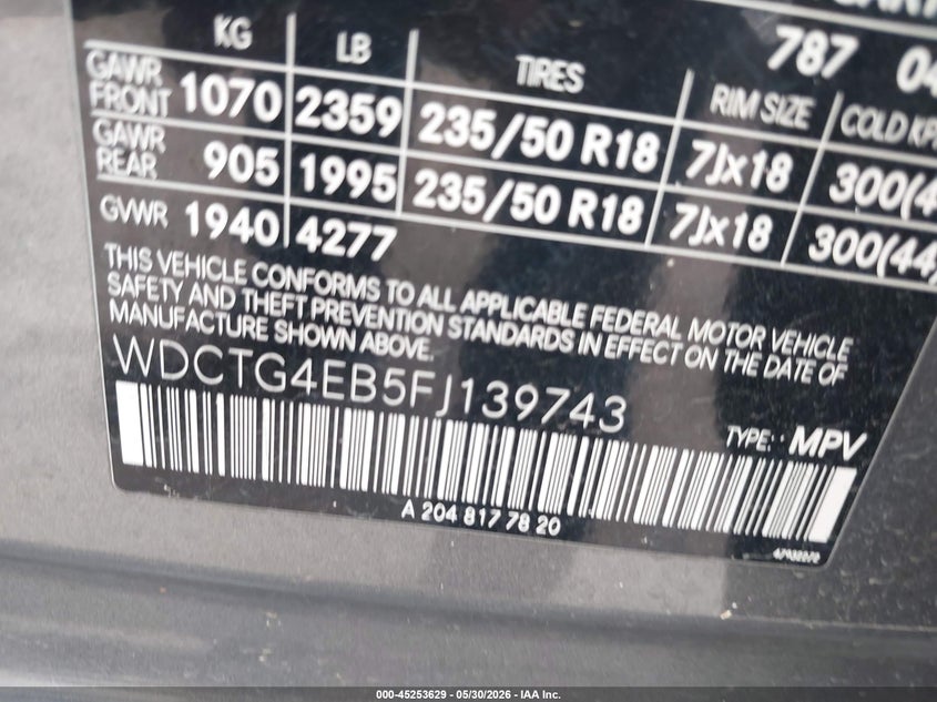 2015 Mercedes-Benz Gla 250 VIN: WDCTG4EB5FJ139743 Lot: 45253629