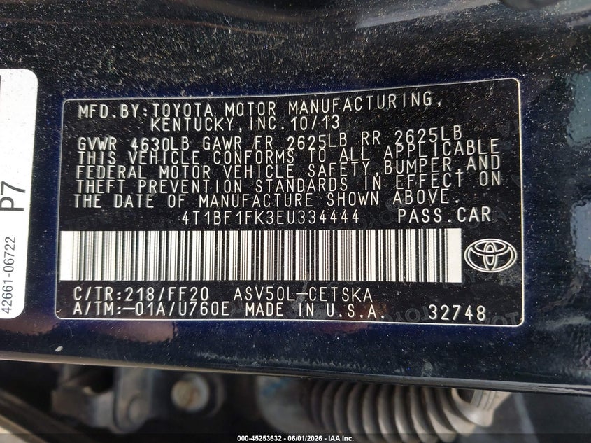 2014 TOYOTA CAMRY SEDAN 2.5L I-4 DOHC, VVT, 178HP