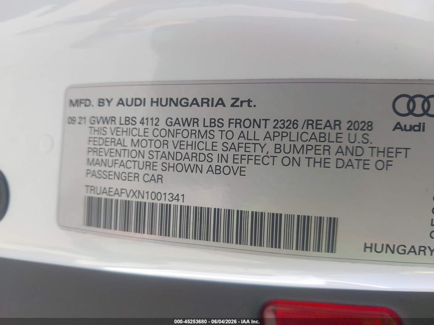 2022 Audi Tt 45 Tfsi Quattro S Tronic VIN: TRUAEAFVXN1001341 Lot: 45253680