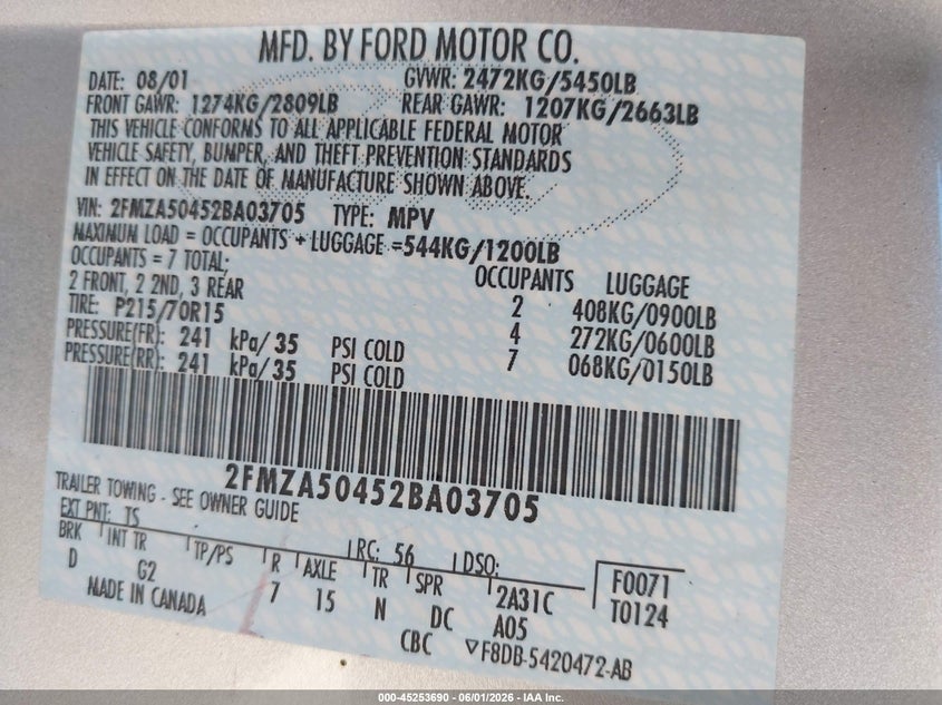 2002 Ford Windstar Lx VIN: 2FMZA50452BA03705 Lot: 45253690