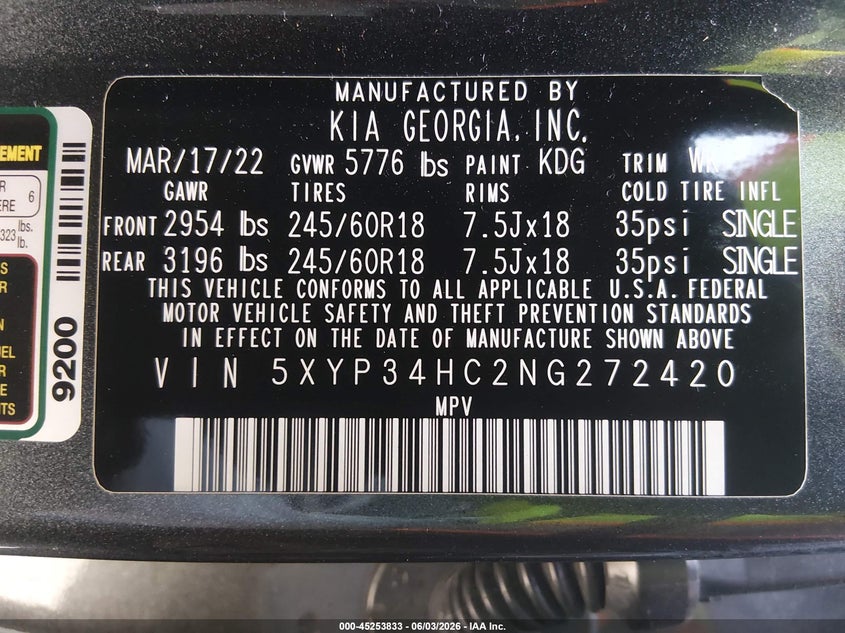 2022 Kia Telluride Ex VIN: 5XYP34HC2NG272420 Lot: 45253833