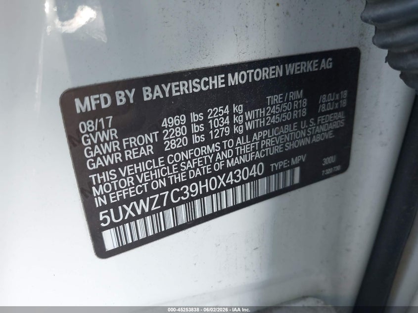 2017 BMW X3 Sdrive28I VIN: 5UXWZ7C39H0X43040 Lot: 45253838